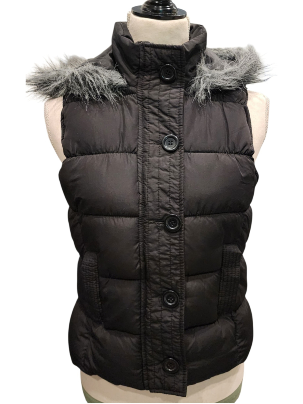 Arizona Jean Company Black Puffer Vest S Hooded Faux Fur Trim Quilted Jacket